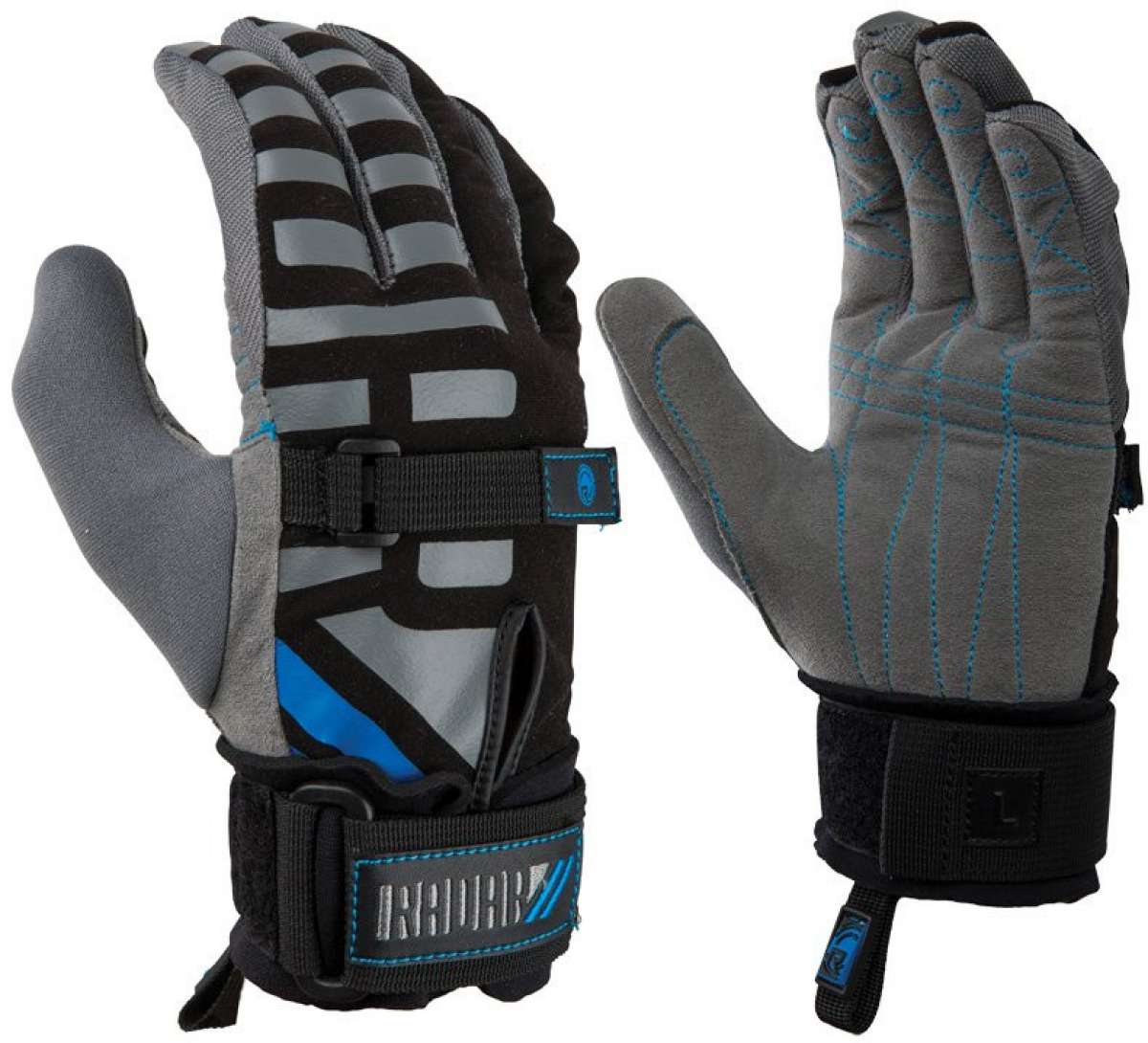 Radar Voyage Waterski Glove 2022 - Black ski glove with gray accents and blue stitching on the wrist strap.