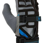 Radar Voyage Waterski Glove 2022 - A black waterski glove with a blue logo on the wrist strap and gray accents around the fingers.