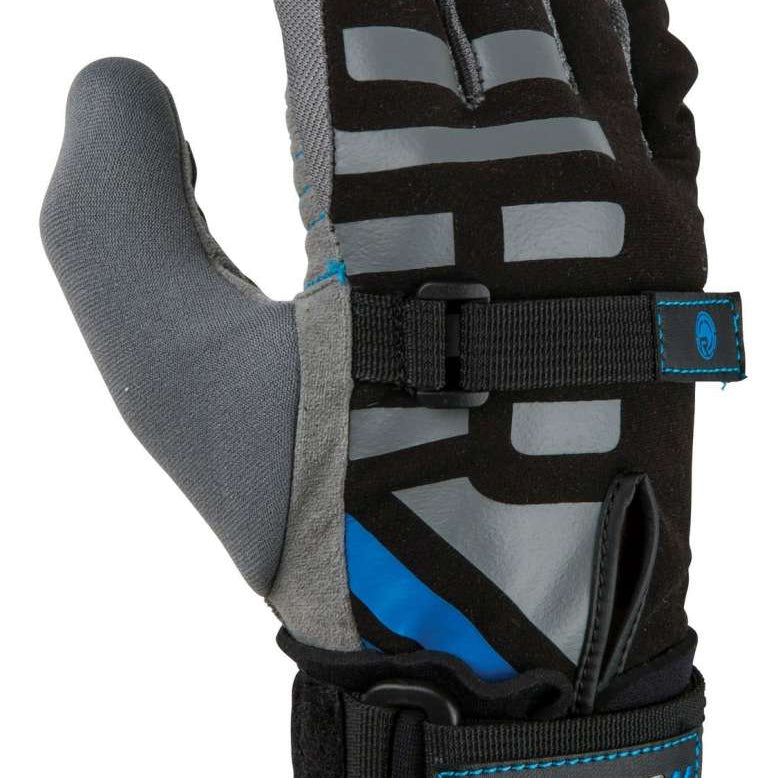 Radar Voyage Waterski Glove 2022 - A black waterski glove with a blue logo on the wrist strap and gray accents around the fingers.