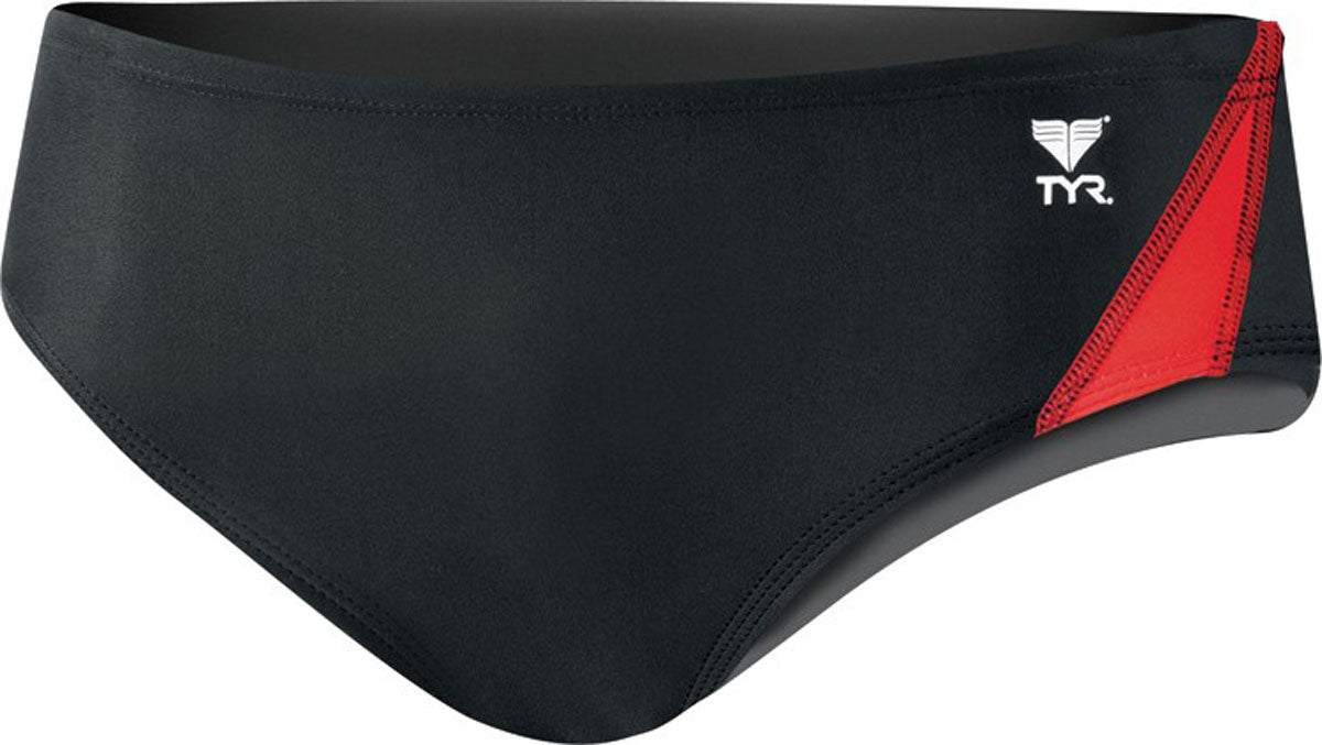 TYR Juniors' Alliance Splice Racer Brief Swimsuit - A black swimsuit with a red and white diagonal stripe pattern on the left side.