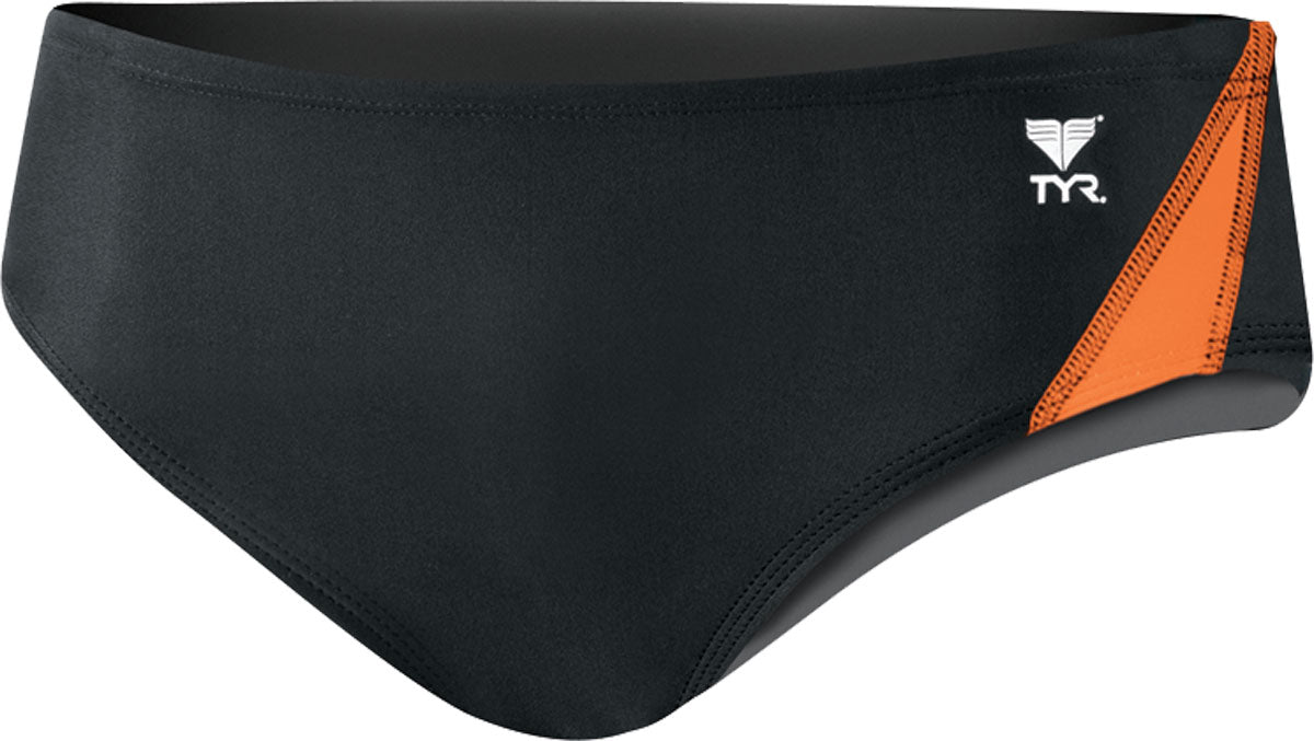 TYR Juniors' Alliance Splice Racer Brief Swimsuit - A black swimsuit with a white logo and orange accents on the side.