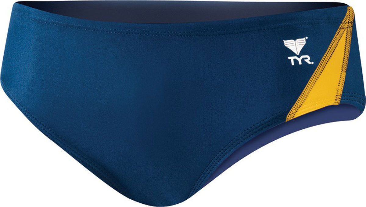 TYR Juniors' Alliance Splice Racer Brief Swimsuit - A navy blue swimsuit with a yellow and white geometric pattern on the left leg.