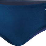 TYR Juniors' Alliance Splice Racer Brief Swimsuit - A navy blue swimsuit with a yellow and white geometric pattern on the left leg.