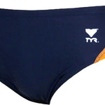 TYR Juniors' Alliance Splice Racer Brief Swimsuit - A navy blue swimsuit with a white logo and orange accents on the sides.