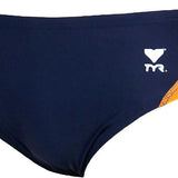 TYR Juniors' Alliance Splice Racer Brief Swimsuit - A navy blue swimsuit with a white logo and orange accents on the sides.