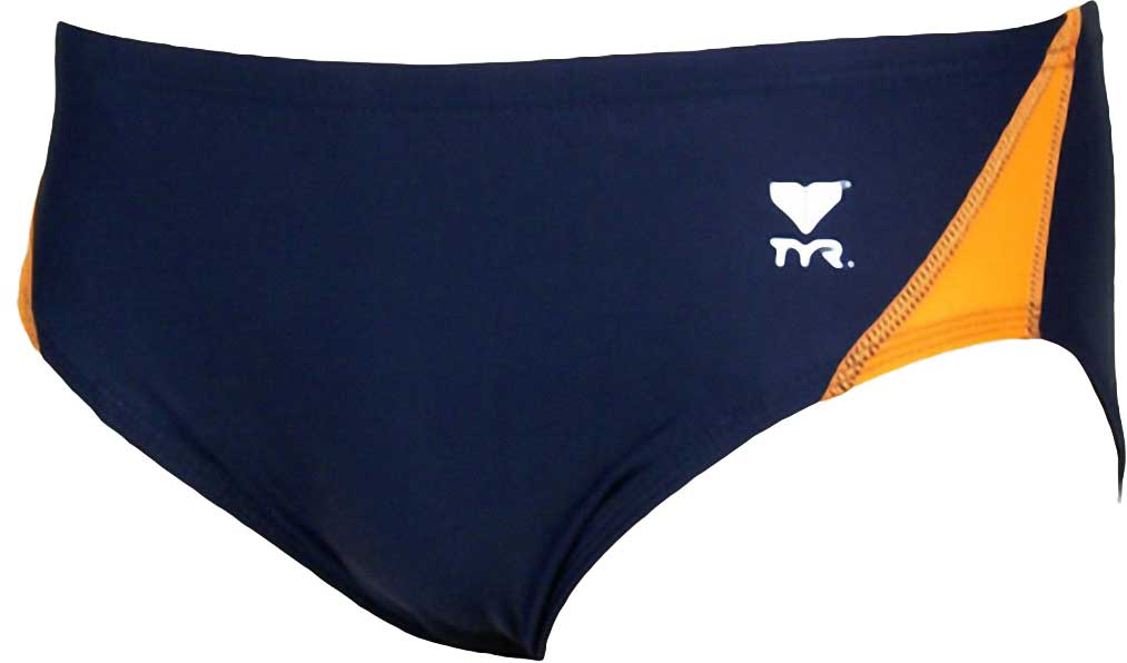 TYR Juniors' Alliance Splice Racer Brief Swimsuit - A navy blue swimsuit with a white logo and orange accents on the sides.