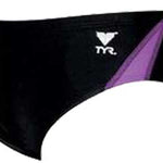 TYR Juniors' Alliance Splice Racer Brief Swimsuit - A black swimsuit with a purple diagonal stripe on the right side.