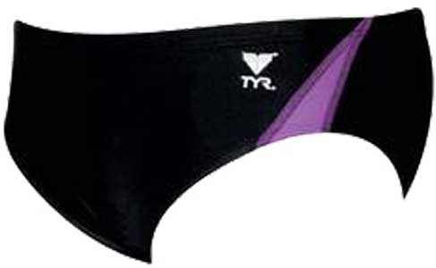TYR Juniors' Alliance Splice Racer Brief Swimsuit - A black swimsuit with a purple diagonal stripe on the right side.