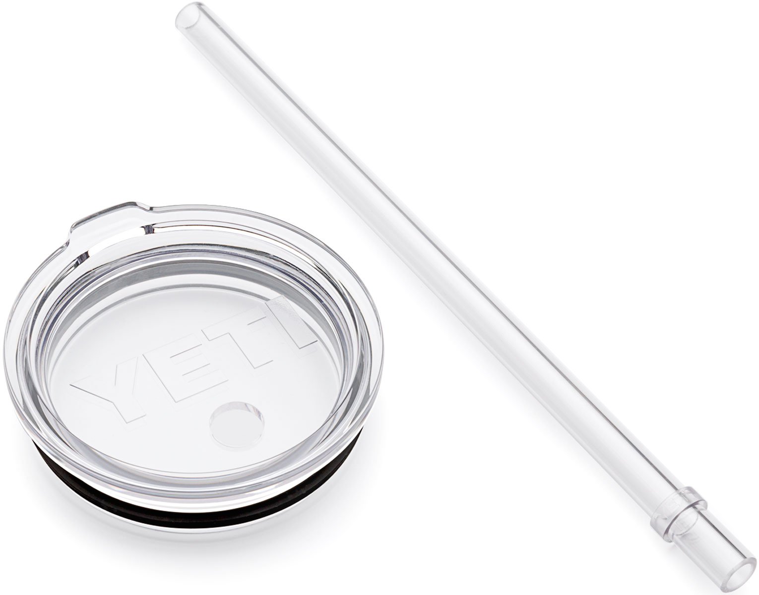 Yeti Rambler Tumbler Straw Lid - Clear plastic lid with a built-in straw and a small circular opening at the top.