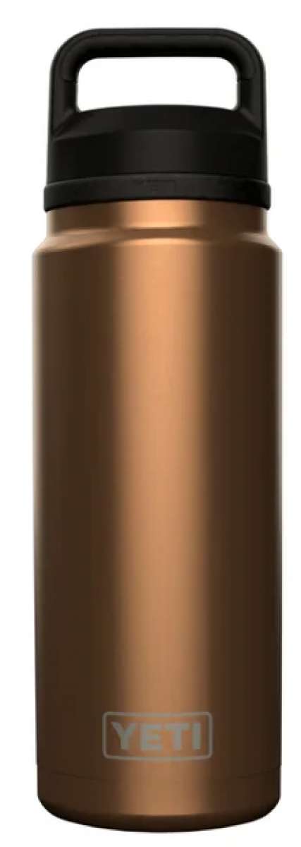 Yeti Rambler 36 oz. Bottle With Chug Cap - A stainless steel bottle with a black chug cap and handle on top.