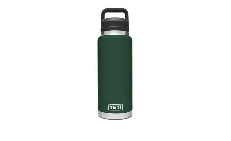 Yeti Rambler 36 oz. Bottle With Chug Cap - A stainless steel bottle with a black chug cap and a dark green body.
