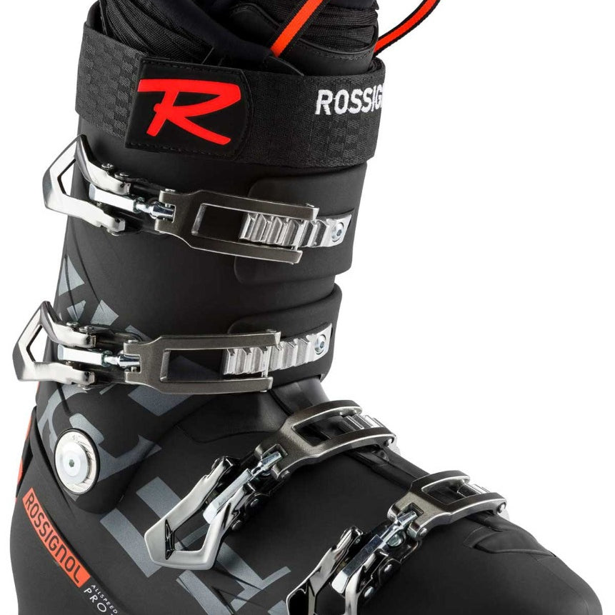 Rossignol Men's Allspeed Pro 120 Ski Boot 2020-2021 - Black ski boot with silver buckles and straps.