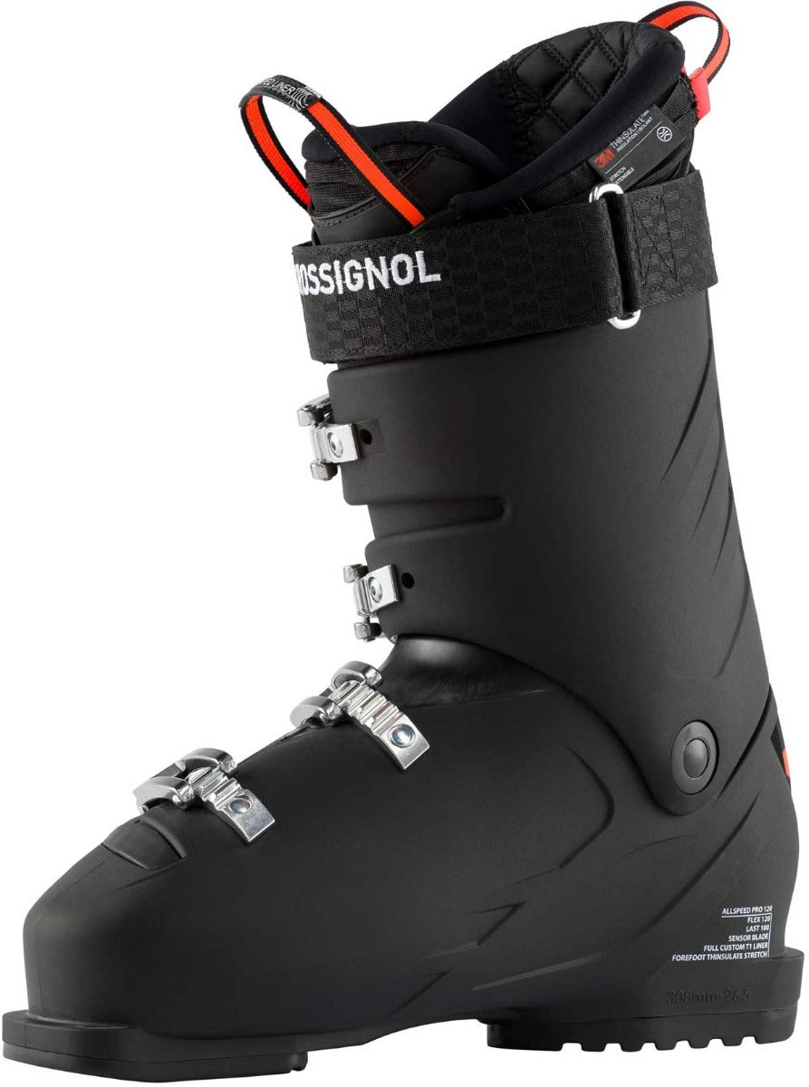 Rossignol Men's Allspeed Pro 120 Ski Boot 2020-2021 - Black ski boot with silver buckles and straps.