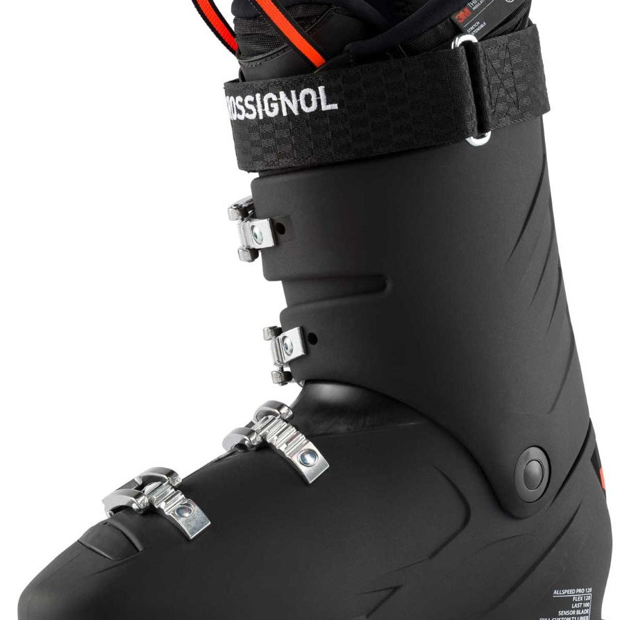 Rossignol Men's Allspeed Pro 120 Ski Boot 2020-2021 - Black ski boot with silver buckles and straps.