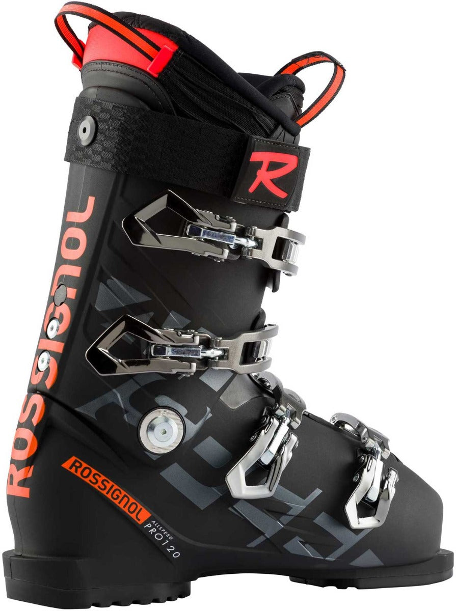 Rossignol Men's Allspeed Pro 120 Ski Boot 2020-2021 - Black ski boot with silver buckles and straps.