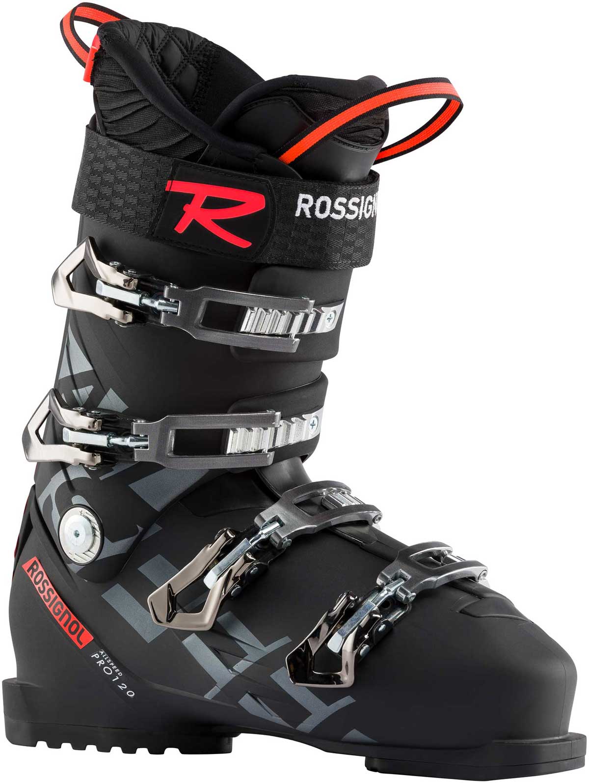 Rossignol Men's Allspeed Pro 120 Ski Boot 2020-2021 - Black ski boot with silver buckles and straps.