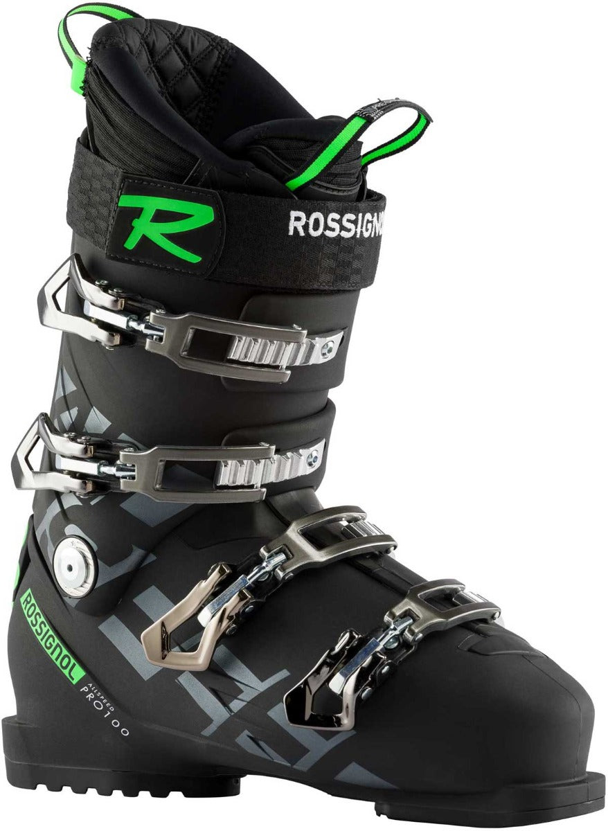 Rossignol Men's Allspeed Pro 100 Ski Boot 2020-2021 - Black ski boot with silver buckles and straps.