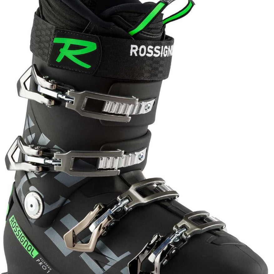 Rossignol Men's Allspeed Pro 100 Ski Boot 2020-2021 - Black ski boot with silver buckles and straps.
