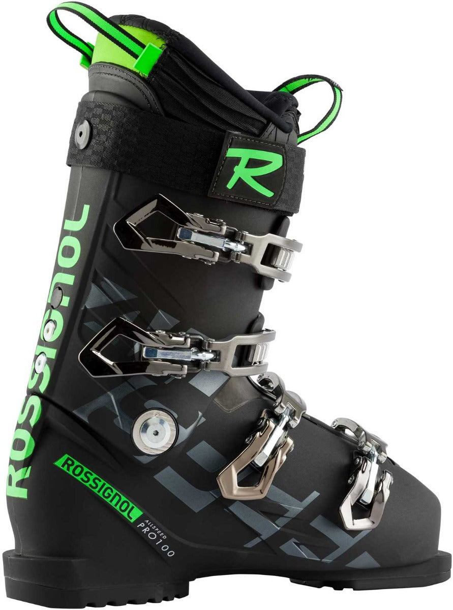 Rossignol Men's Allspeed Pro 100 Ski Boot 2020-2021 - A black ski boot with neon green accents and silver buckles.
