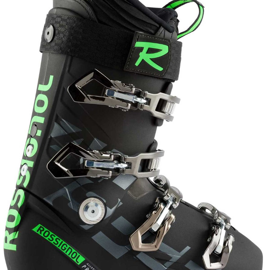 Rossignol Men's Allspeed Pro 100 Ski Boot 2020-2021 - A black ski boot with neon green accents and silver buckles.