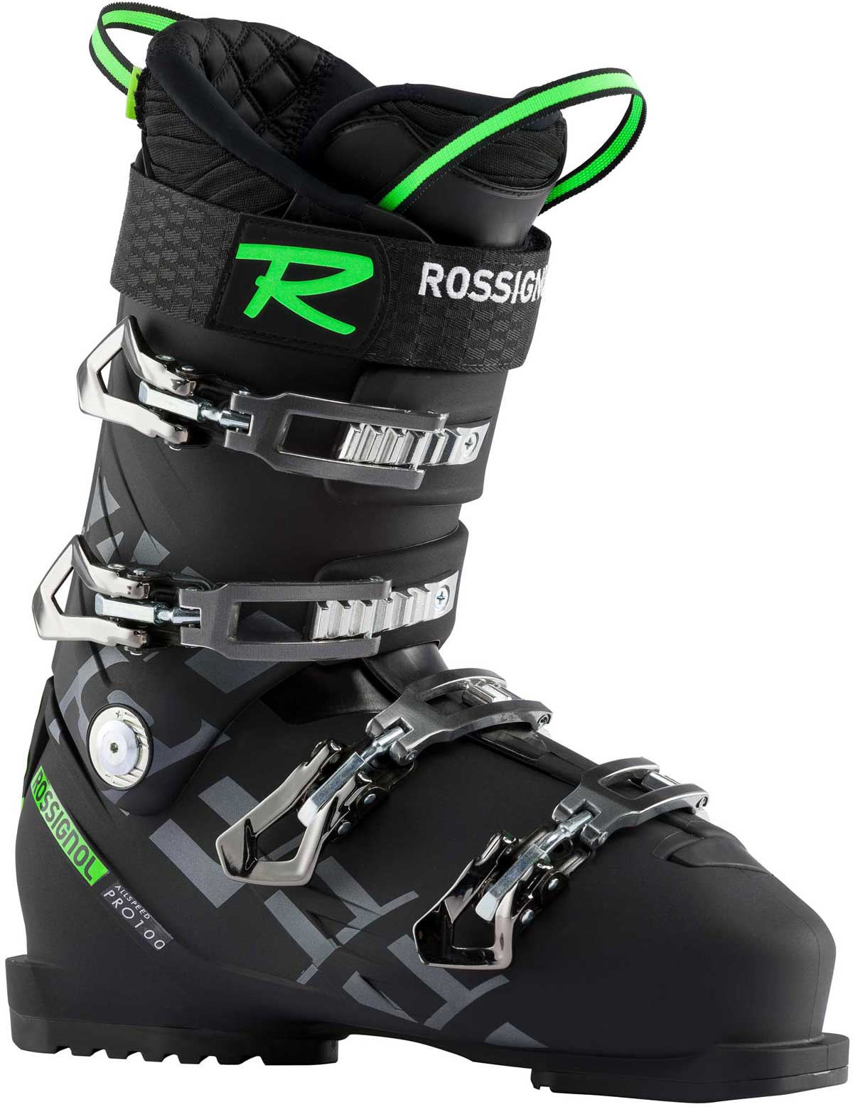 Rossignol Men's Allspeed Pro 100 Ski Boot 2020-2021 - Black ski boot with silver buckles and straps.