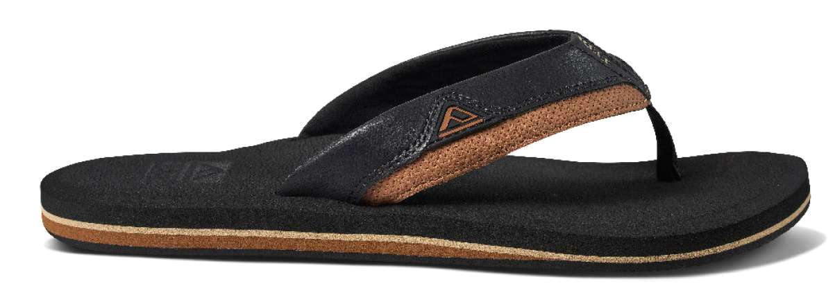 Reef Cushion Dawn Sandal 2022 - A pair of black sandals with a tan-colored sole and strap.