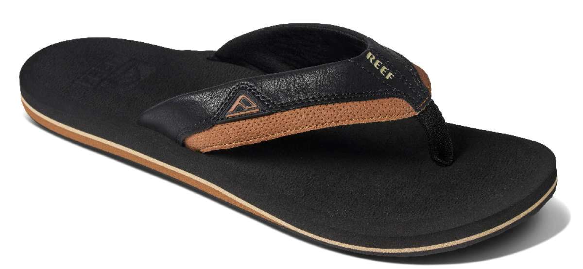 Reef Cushion Dawn Sandal 2022 - A pair of black sandals with a tan sole and strap.
