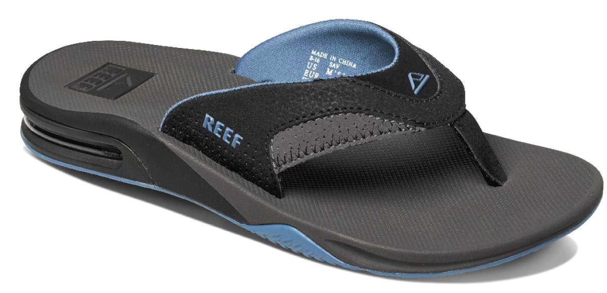 Reef Men's Fanning Sandal - A pair of black sandals with a blue sole and strap.