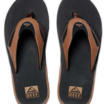 Reef Men's Fanning Sandal - A pair of brown sandals with a strap and toe post, featuring a logo on the top strap.