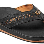 Reef Ortho-Seas Sandal - A pair of black sandals with a strap across the top and a logo on the side.