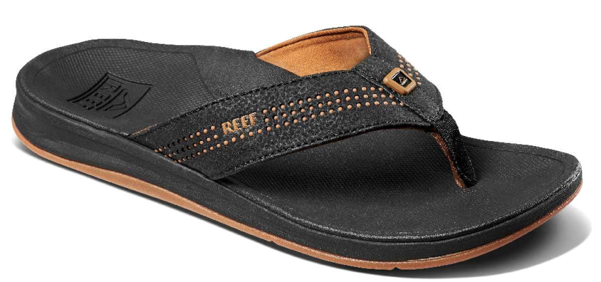 Reef Ortho-Seas Sandal - A pair of black sandals with a strap across the top and a logo on the side.