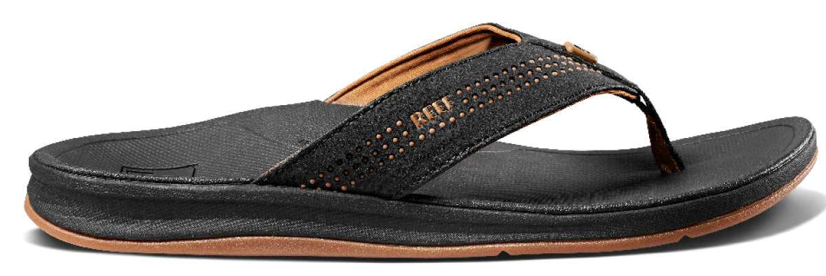 Reef Ortho-Seas Sandal - Black sandals with tan soles and straps.