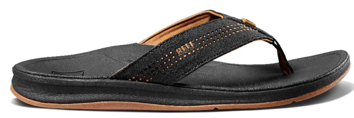 Reef Ortho-Seas Sandal - Black sandals with tan soles and straps.