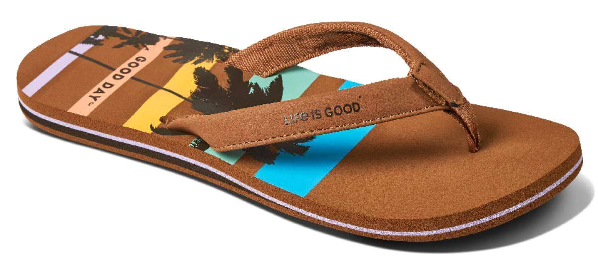 Reef Women's X Life Is Good Sandal 2022 - A pair of brown sandals with a palm tree and "Life is good" printed on them.
