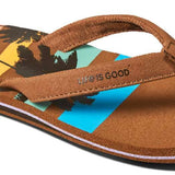 Reef Women's X Life Is Good Sandal 2022 - A pair of brown sandals with a palm tree and "Life is good" printed on them.