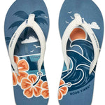 Reef Women's X Life Is Good Sandal - A pair of sandals with a palm tree and clouds printed on them in shades of blue, white, and orange.