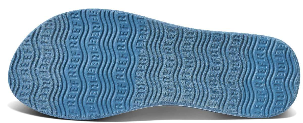 Reef Women's X Life Is Good Sandal - Blue sandals with white straps and a logo on the side.