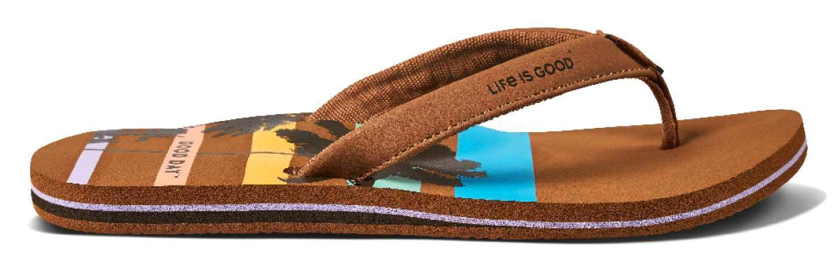 Reef Women's X Life Is Good Sandal - A pair of brown sandals with a palm tree design on top.