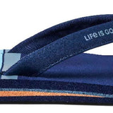 Reef Women's X Life Is Good Sandal - A pair of women's sandals with a colorful striped strap and a logo on the footbed.