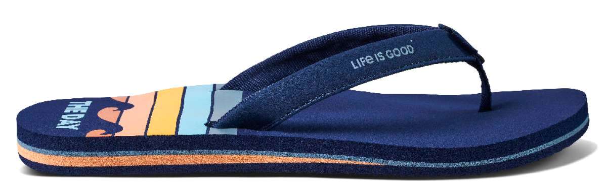 Reef Women's X Life Is Good Sandal - A pair of women's sandals with a colorful striped strap and a logo on the footbed.