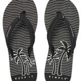 Reef Women's X Life Is Good Sandal - Black sandals with white stripes and palm tree logo on strap.