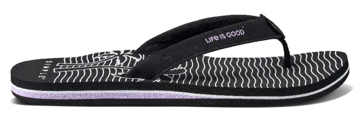 Reef Women's X Life Is Good Sandal - A black sandal with a white logo on top of the footbed and a palm tree design on the strap.