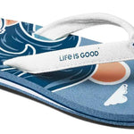 Reef Women's X Life Is Good Sandal - A pair of blue sandals with white straps and a peach-colored logo on the strap.