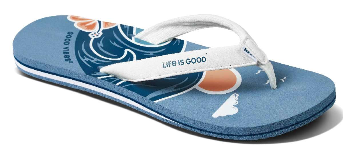 Reef Women's X Life Is Good Sandal - A pair of blue sandals with white straps and a peach-colored logo on the strap.