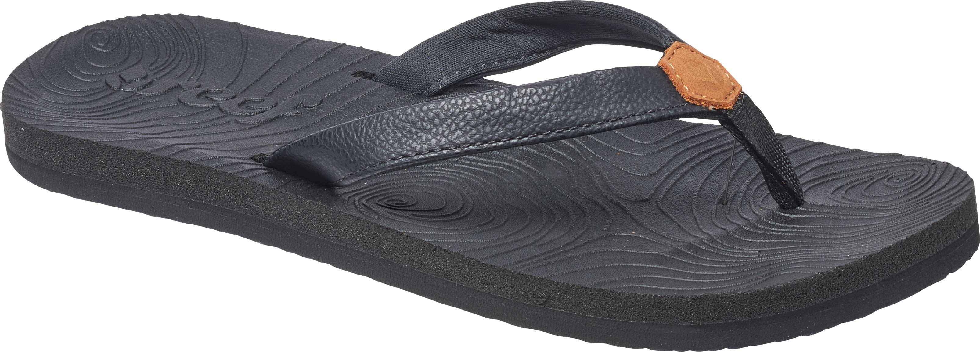 Reef Women's Zen Love Sandal 2020 - A pair of black sandals with a tan strap and toe post.