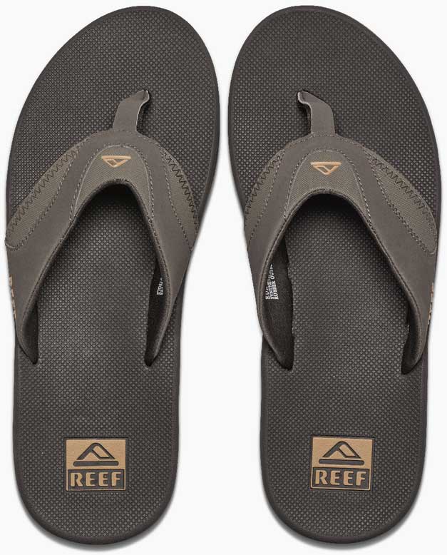 Reef Men's Fanning Sandal - A pair of brown sandals with a strap and toe post, featuring a logo on the side.