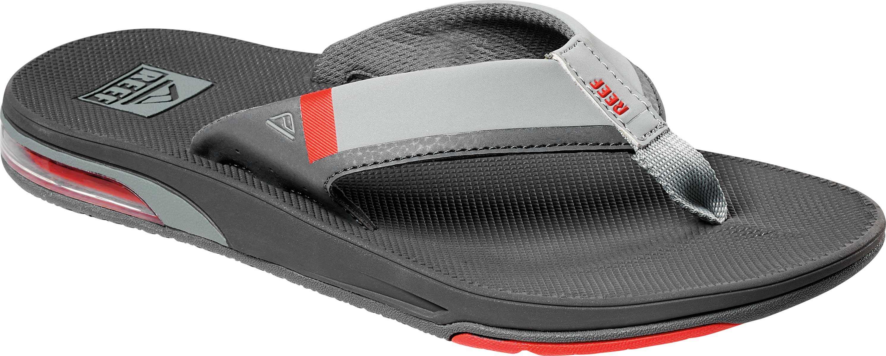 Reef Men's Fanning Low Sandal 2020 - A gray sandal with a red stripe on the strap and a logo on the sole.