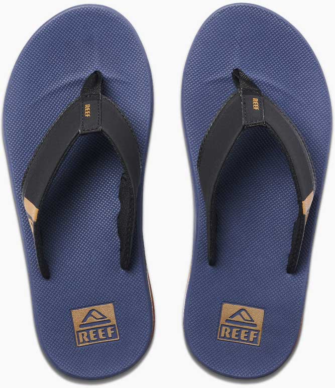 Reef Men's Fanning Low Sandal - A pair of blue sandals with a strap and toe post, featuring a logo on the strap that says "REEF".