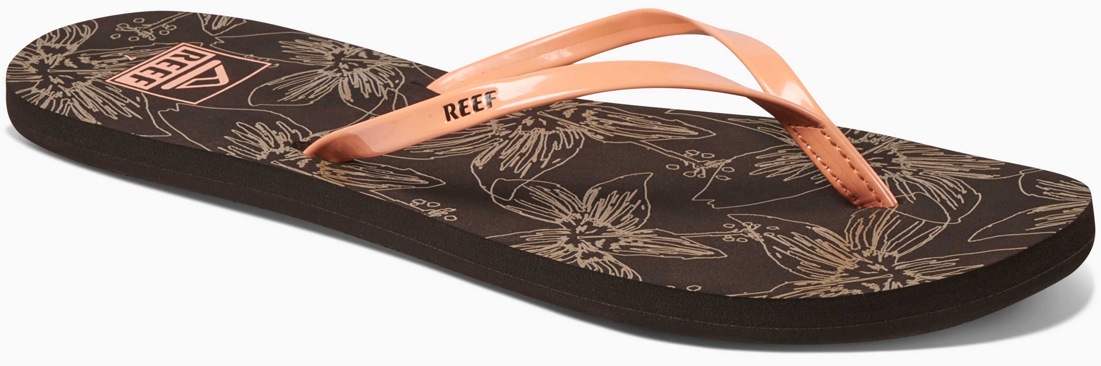 Reef Women's Bliss-Full Sandal 2020 - A pair of brown sandals with a strap and toe post, featuring a floral pattern on the footbed.