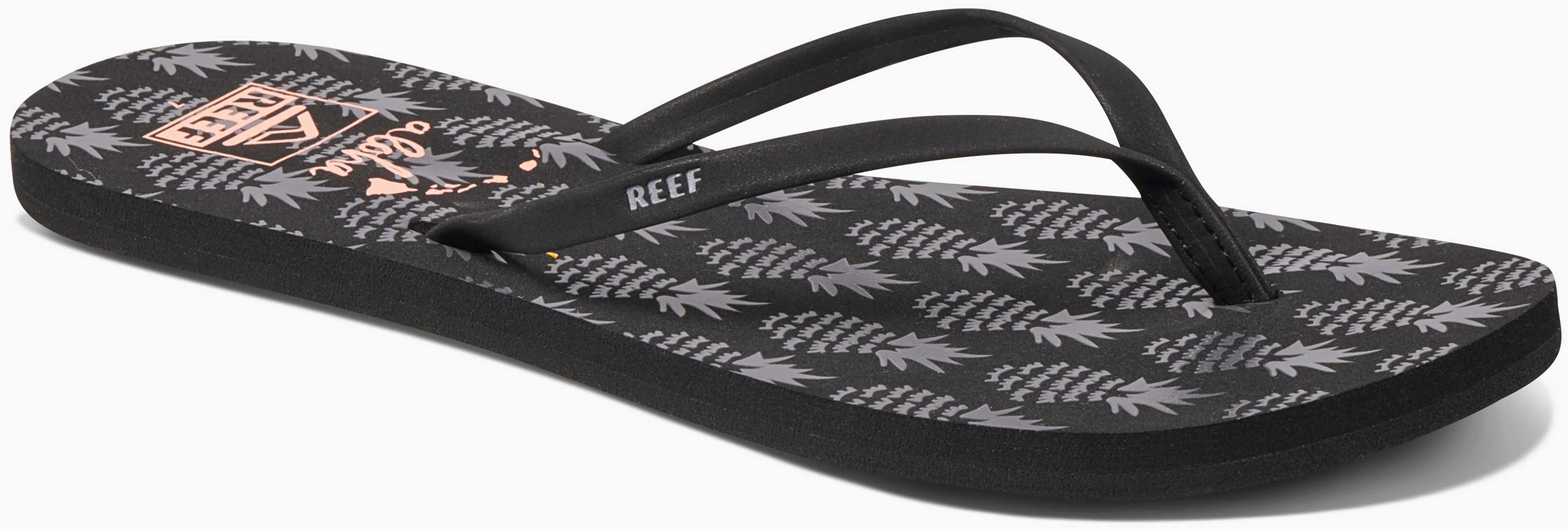 Reef Women's Bliss-Full Sandal 2020 - A pair of black sandals with a gold logo on the strap.